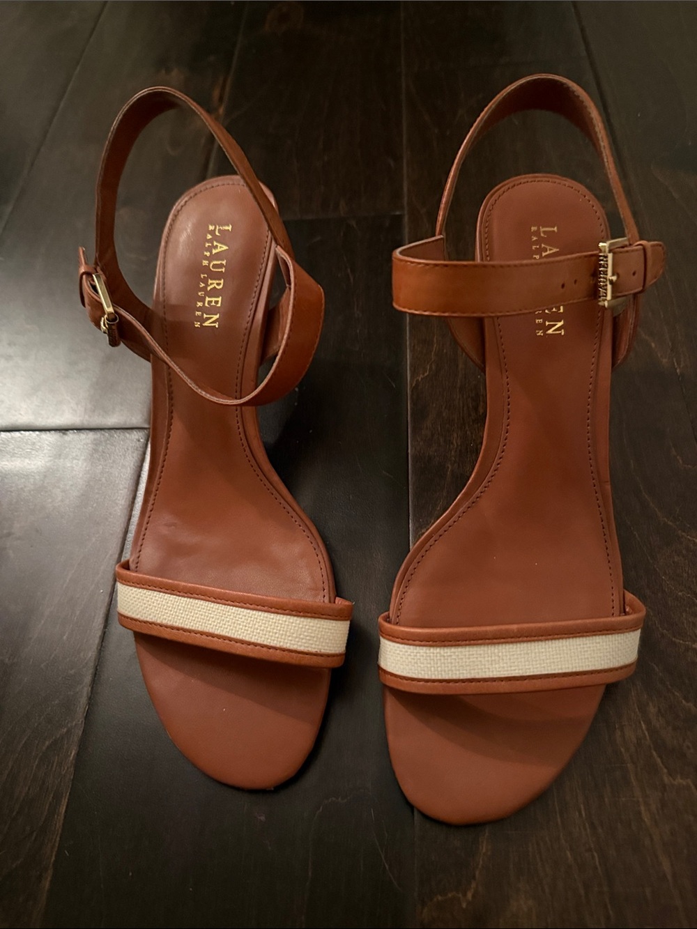 Lauren Ralph Lauren Tan Leather Slingback Sandals with Cream Canvas Strap Sz 9
